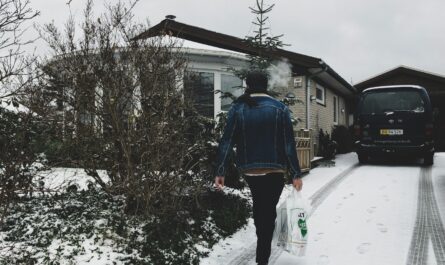 woman carrying plastic bag walking near house during winter